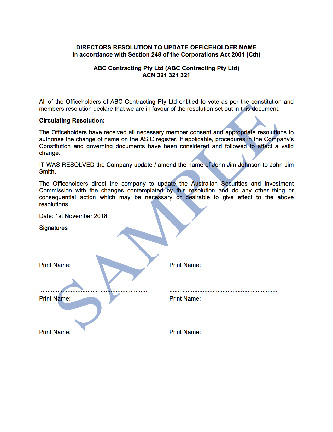 Directors Resolution to Update Officeholder Name